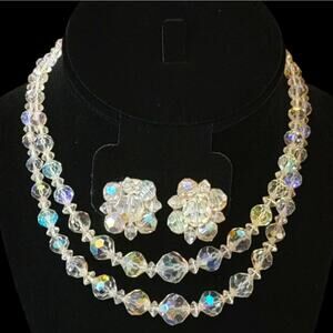 VTG 50s Aurora Borealis Necklace Earrings Set Double Strand Clip On Cluster Gift